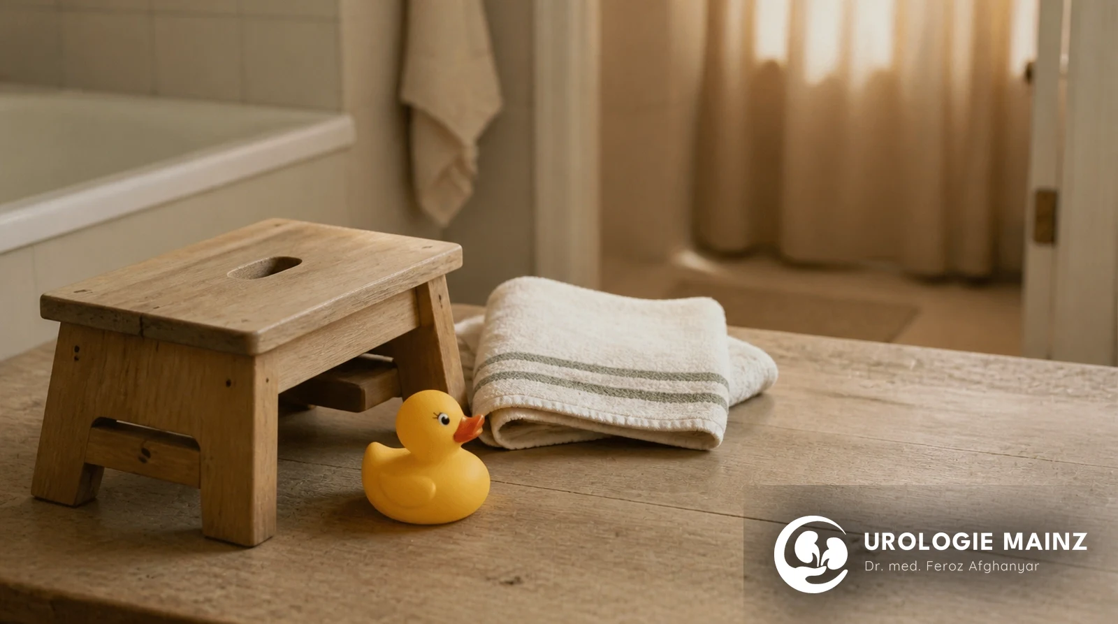 Holztritt im Bad mit Badeente und Handtuch als Symbol für Kinderurologie