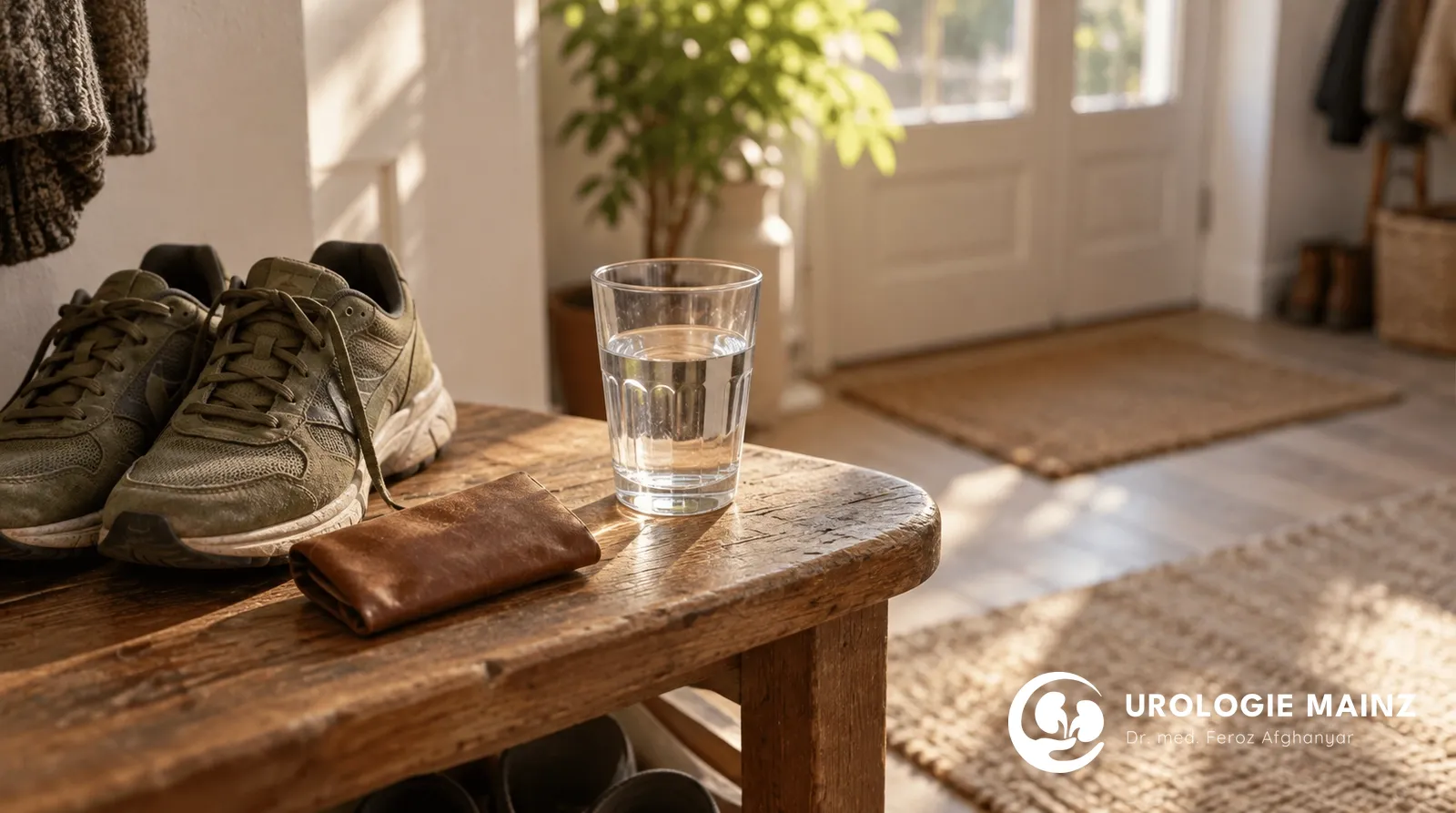 Abgestellte Laufschuhe, Wasserglas und geschlossenes Tabaketui als Symbol für Lebensstil und Spermienqualität